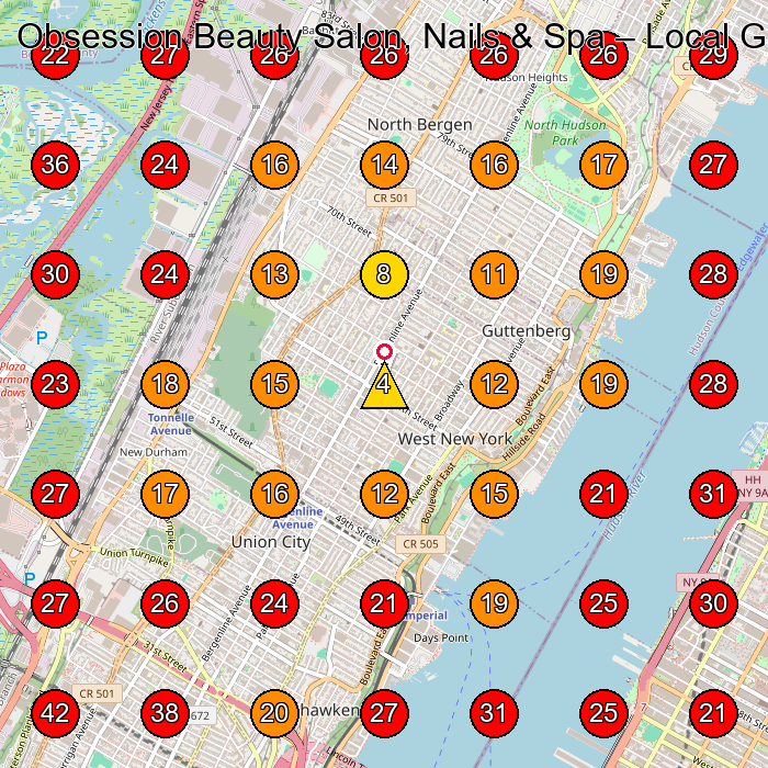 Obsession Beauty Salon, Nails & Spa GeoGrid visibility map for Hair Salon in Guttenberg